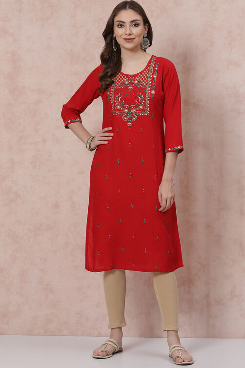 Red LIVA Straight Kurta image number 2